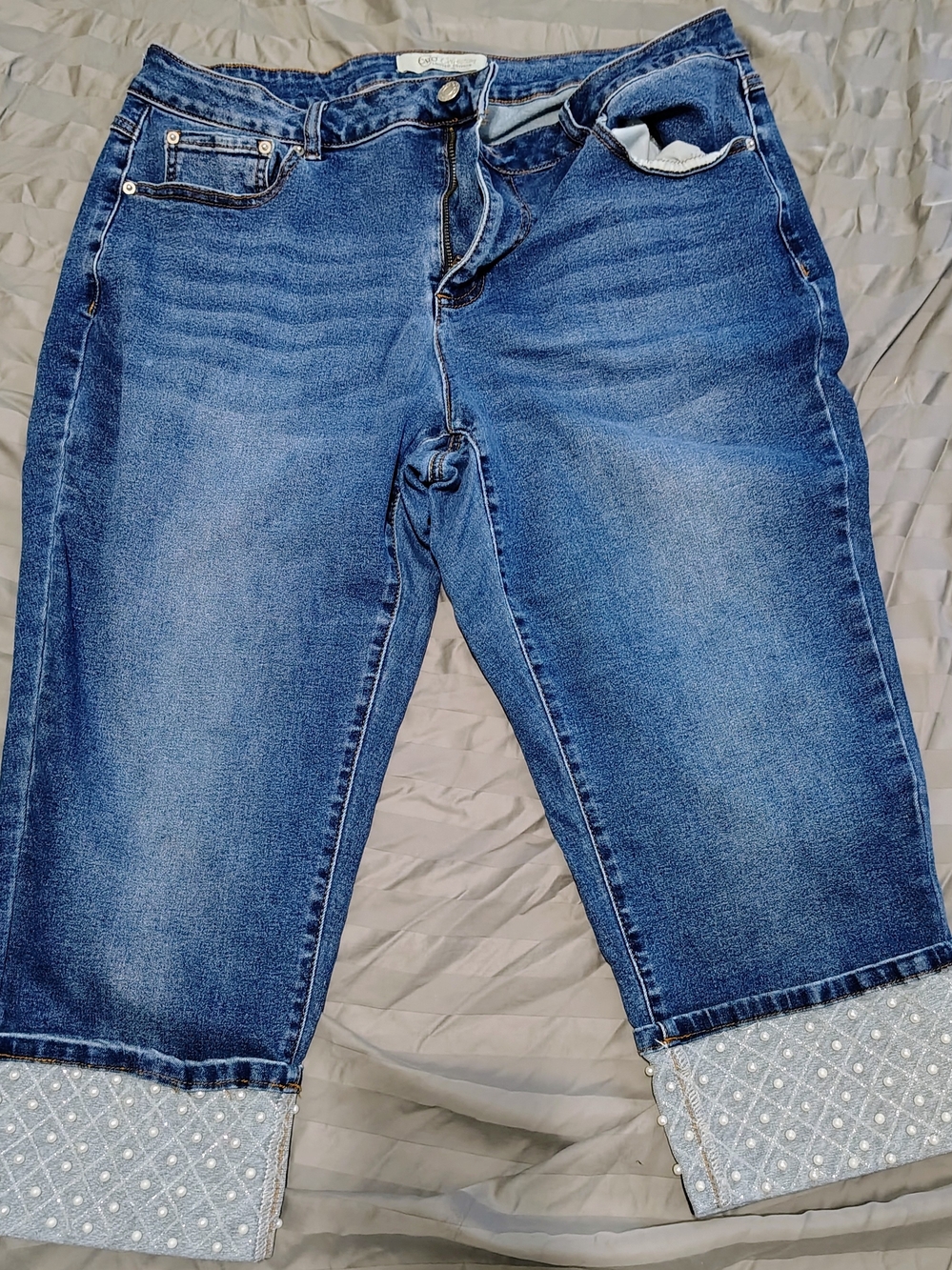 Cato Mid-Blue Pearl-Cuff Cropped Jeans 16W